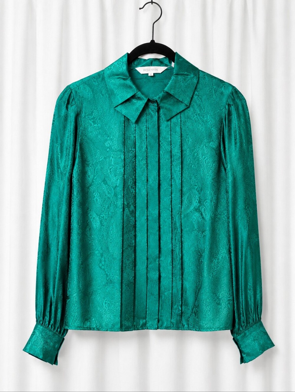 Vintage Horchow Silk Paisley Jacquard Pleated Green Hidden Placket Luxury Blouse